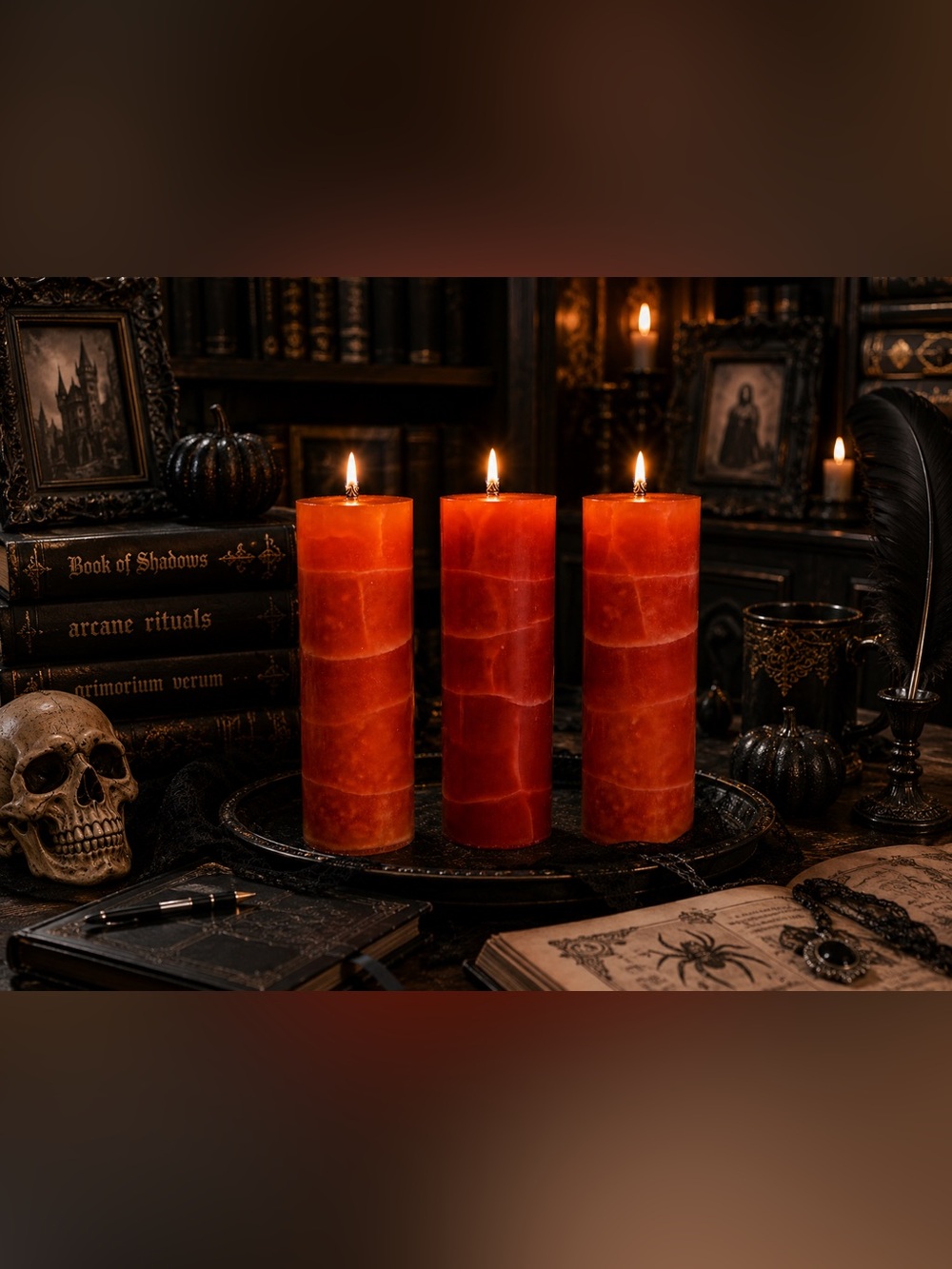 Halloween Orange Crackle Pillar Candle Set of 3 Spooky Fall Decor Gothic Autumn